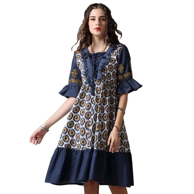 Women's Stylish Professional Apparel Avant-Garde Style Promotions Denim Floral Print Women Dress