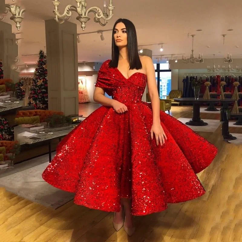 Elegant Women's Evening Garments Vintage-Inspired Style Offers Amazing Sequins Puffy Custom Made Evening Dress one Shoulder Midi Length Formal Arabia Style Midi Dress