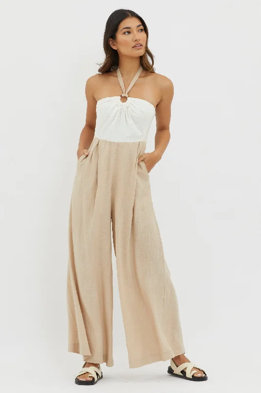 Vintage-Inspired Women's Clothes Avant-Garde Style Promotions Maryn Wide Leg Halterneck Jumpsuit Beige