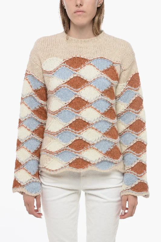 Women's Outerwear Attire Chic Styles Roberto Collina Argyle Motif Crew-neck Sweater