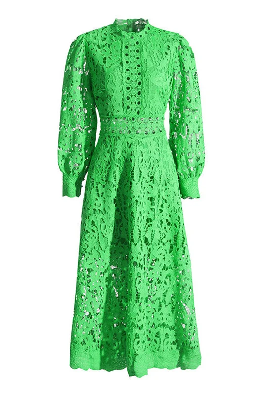 Women's Trendy Attire Additional Time-Limited Offers French Style Mock Neck Bishop Sleeve Guipure Lace Cocktail Midi Dress