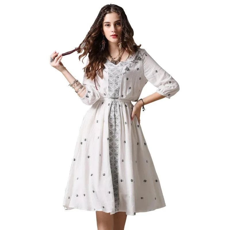 Women's Evening Clothes Easy Elegance Sales Ranch Style V-Neck A-line Three Quarter Lantern Sleeve Vintage Dress