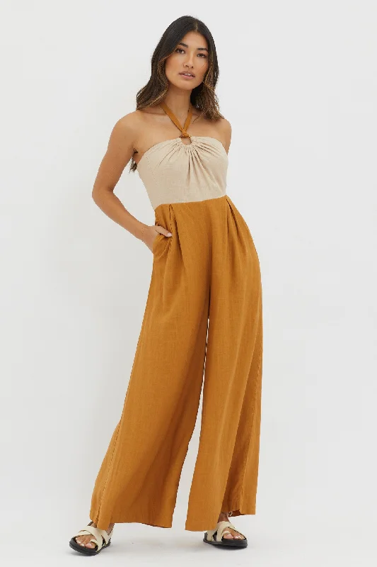 Women's Clothing For Holiday Travel The Good Stuff Maryn Wide Leg Halterneck Jumpsuit Mocha