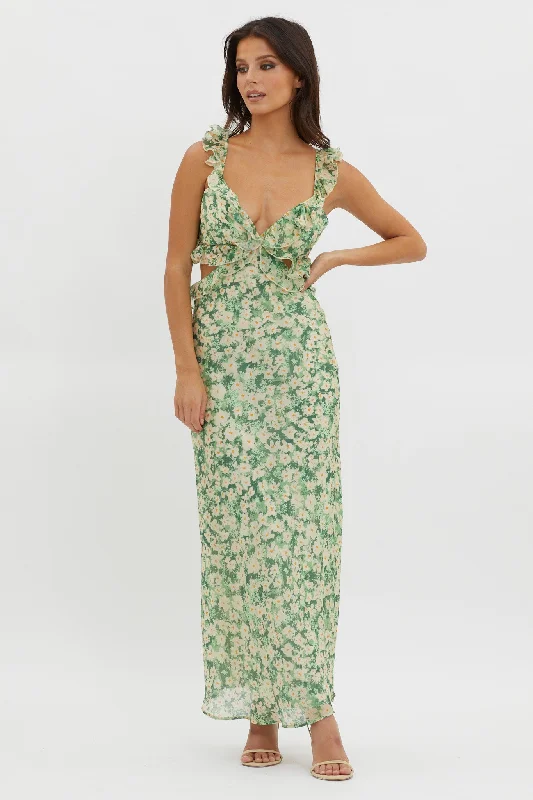 Timeless Women's Garments Stupidly Low Prices Second Chances Ruffle Trim Maxi Dress Flowers Green