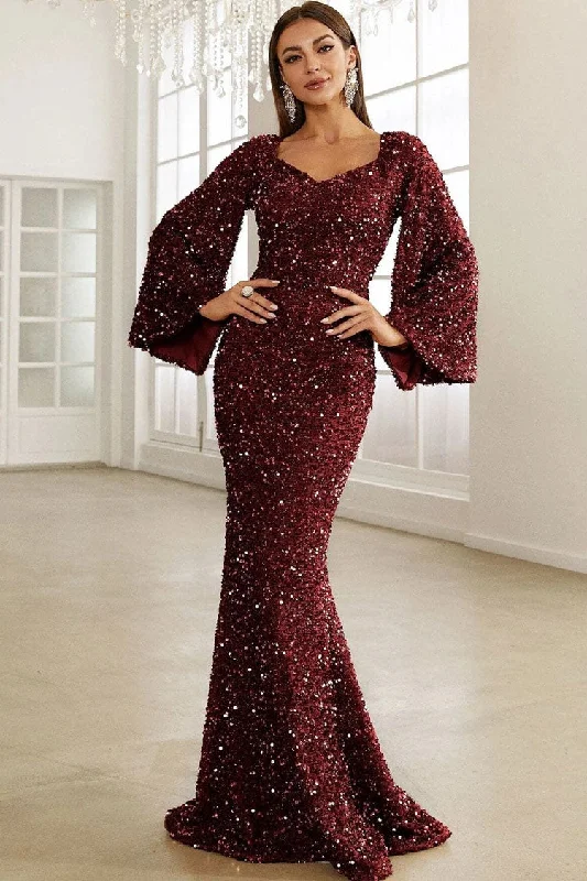 Plus-Size Women's Garments Avant-Garde Style Promotions Sparkly Sequin V Neck Bell Sleeve Fishtail Evening Maxi Dress - Burgundy