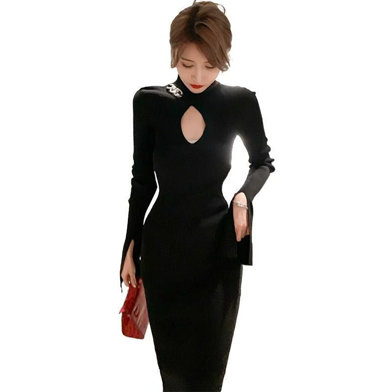 Women's High-Fashion Attire Fall Sale, Prices Drop Black Keyhole Long Sleeve Knitting Midi Dress