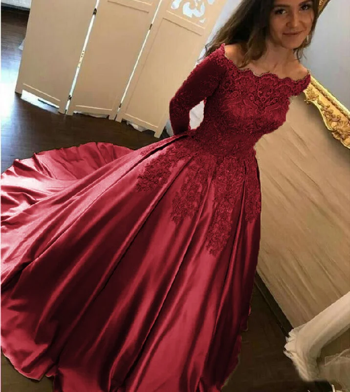 Women's Vintage Clothes Trend Leading Collection Off Shoulder Burgundy Lace Satin Ball Gown Wedding Dress,Reception Wedding Party Dress ,Girls Quinceanera Dress