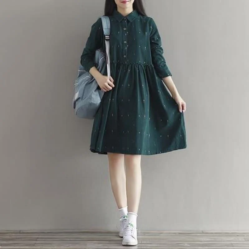 Fashionable Women's Clothes Exclusive Deals Online Corduroy Green Retro Loose Fit Vintage Print Long Sleeve Casual Midi Dress