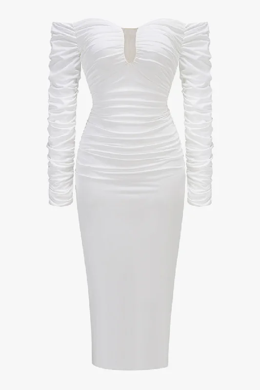 Women's Vacation Attire Chic Style, Always In Vogue Sexy Off Shoulder Plunge Neck Long Sleeve Ruched Cocktail Midi Dress