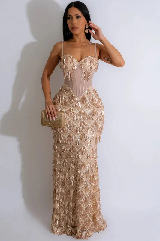 Women's Activewear Outfit Limited-Time Offer Sparkly Bustier Sleeveless Sheer Drop Waist Fringe Sequin Evening Maxi Dress