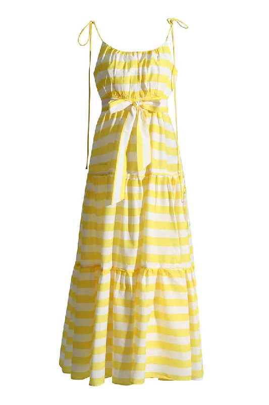 Timeless Women's Outfit Budget-Friendly Fashion Breezy Scoop Neck Tie Strap Belted Ruched Summer Striped Maxi Sundress