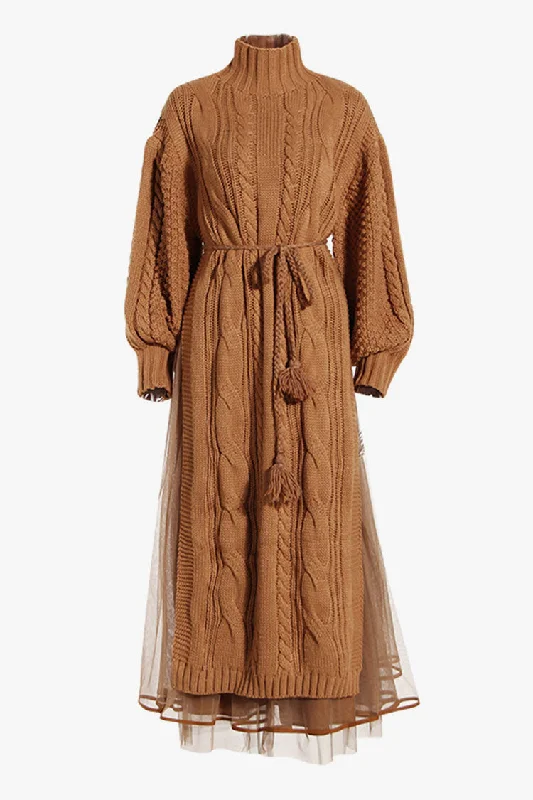 Women's Clothing And Garments Sets Seasonal Fashion Vintage High Neck Fisherman Cable Knit Sweater Two Piece Midi Dress