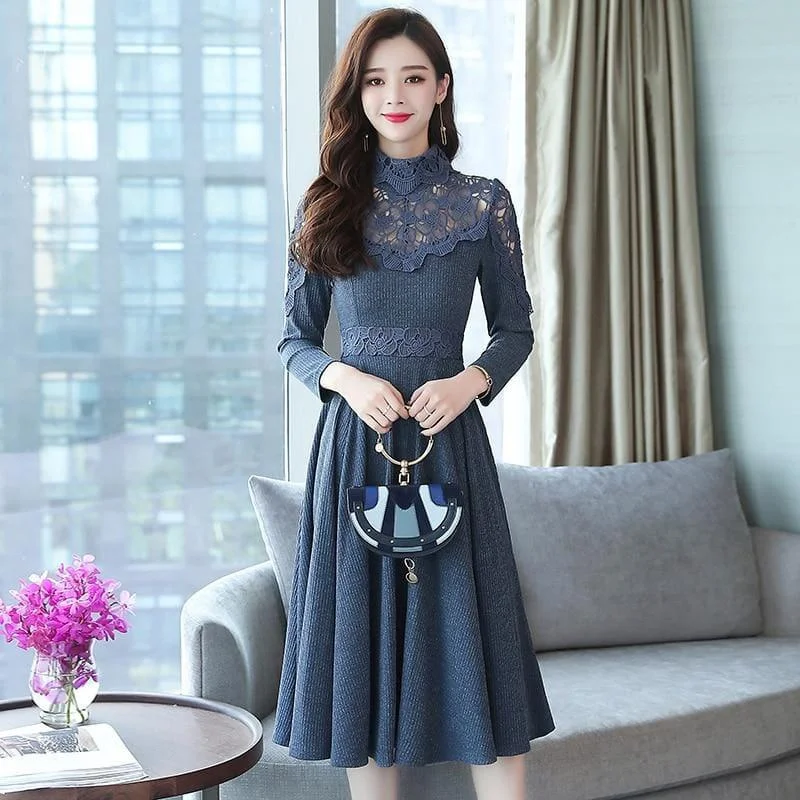 Timeless Women's Garments Glamorous Fashion Offers Vintage Lace Elegant Bodycon Long Sleeve Runway Midi Dress