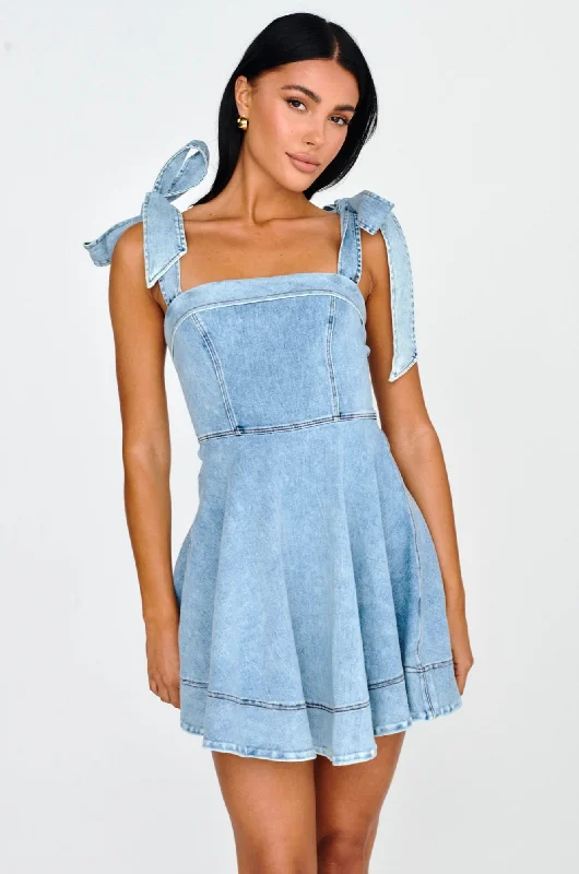 Women's Comfy Attire For Lounging Hot Items Jeanie Bow Shoulder Mini Dress Denim