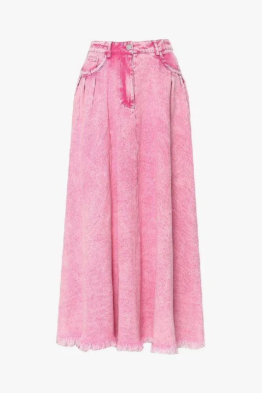 Women's Clothing For Special Occasions Style Revolution Casual High Waist Pleated Frayed Hem A Line Washed Denim Maxi Skirt