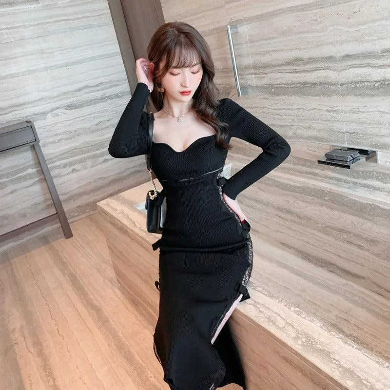 Women's Transitional Outfit Fast Fashion Favorites Black V neck Slim Knit Over The Knee Midi Dress