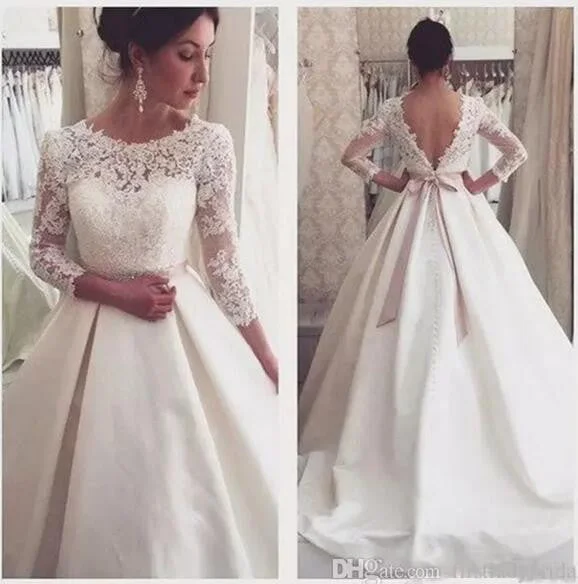 Women's Sporty Chic Clothes Timeless Style Promotions Siaoryne Vintage Long sleeves V Back Satin Lace Beading Wedding Gowns