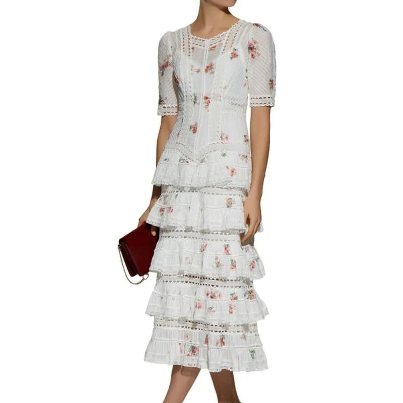 Women's Everyday Attire Limited-Time Offer V-neckline Short Sleeves Floating Bouquet Print Pintuck Tiered Ruffle Midi Dress