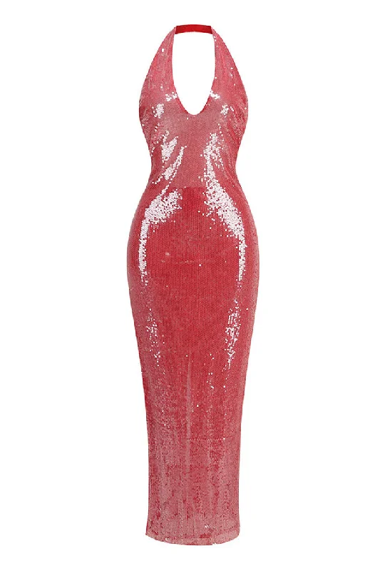 Women's Seasonal Attire Retro Style Promotions Sexy Plunge Halter Neck Backless Sheath Sequin Fishtail Evening Maxi Dress