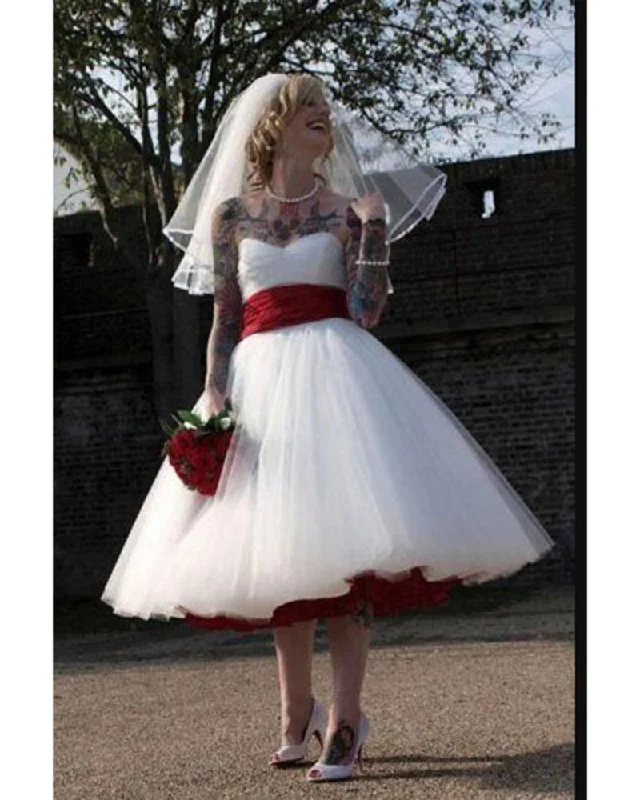 Timeless Women's Clothing Affordable Trendy Fashion Red and White 1950s Short Wedding Dress,Tea Length Wedding Dress,Strapless Rockabilly Bridal Dress WD10124