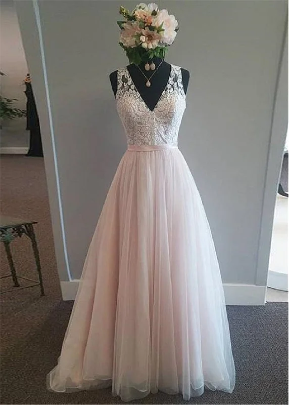 Vintage Clothing For Women Vibrant Style Promotions Romantic Pale Pink Ivory Lace and Tulle Formal Dress for Women  V Neck Receptaion Wedding Gown WD10914