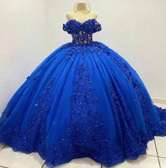 Women's Vacation Garments Step Ahead, Lead The Trend Princess Ball Gown Royal Blue Wedding Dress  Sparkly Appliques Tulle Lace Robes De Ball WD4630