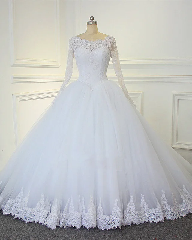 Women's Activewear Garments Huge Price Cut Luxury Lace Long Sleeves Bridal Dresses Ball Gown Wedding Dresses Court Train WD654