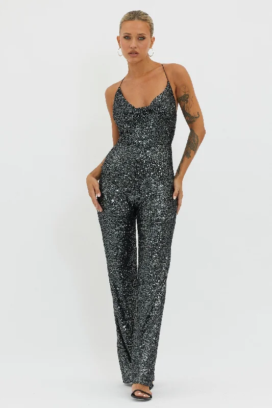 Women's Everyday Clothes Bold Fashion Sales Midnight Kiss Sequin Jumpsuit Gunmetal