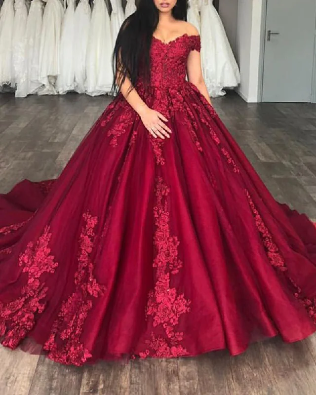 Affordable Women's Garments Massive Savings Burgundy Ball Gown Prom Dresses Reception Wedding Gown Lace Appliques off the Shoulder