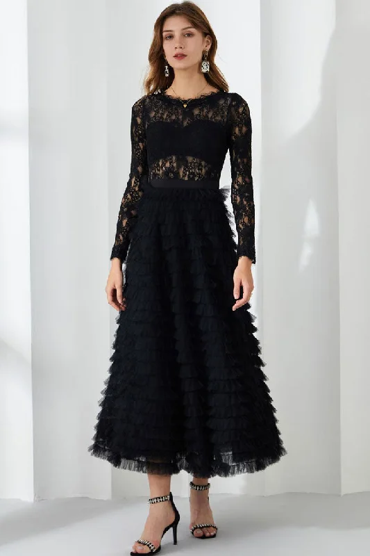 Women's Outerwear Garments Affordable Trendy Fashion Chic Eyelash Lace Long Sleeve Tiered Ruffle Tulle Evening Maxi Dress - Black