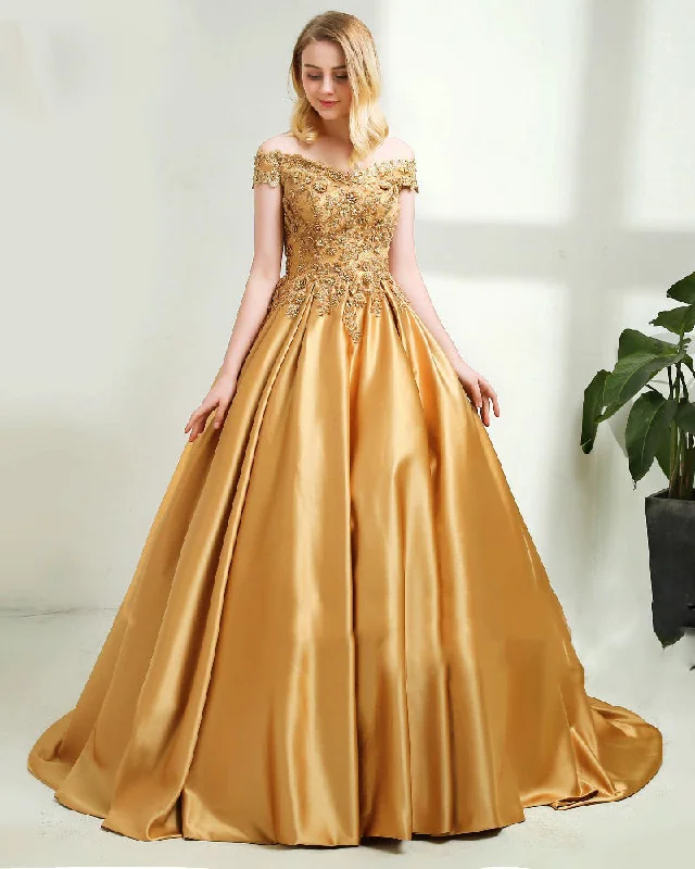 Women's Office Attire Flash Sale Fever Off the Shoulder Gold Lace Ball Gown Quinceanera Dress for Sweet 16 Wedding Dress with