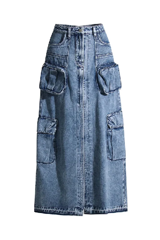 Sustainable Women's Apparel The Good Stuff Casual High Waist Cargo Pocket Distressed Hem Front Split Denim Midi Skirt