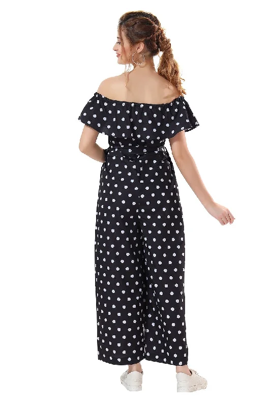 Women's High-Fashion Apparel Chic And Edgy Cherrylavish Polka Dot Print Crepe Jumpsuit With Ruffle On Bust