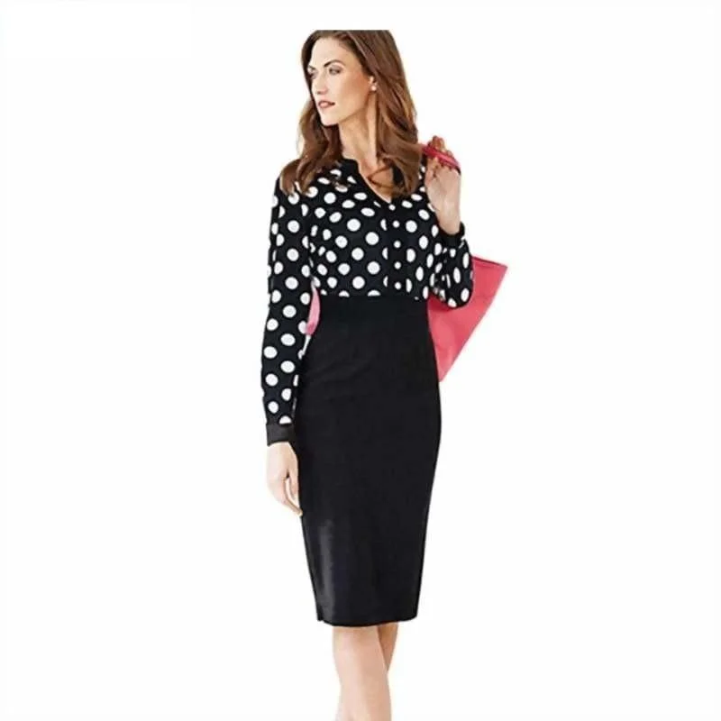 Stylish Women's Clothing Must Haves Black  Polka Dot V Neck Long Sleeve Pencil Midi Dress