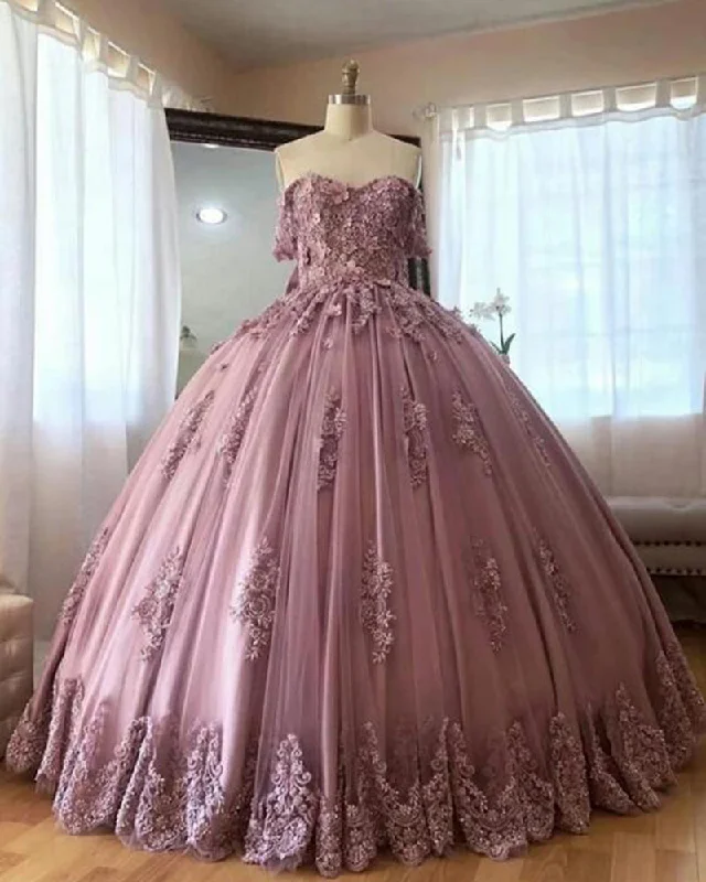 Women's Evening Wear Outfit Laid-Back Fashion Offers Dusty Pink Ball Gowns,Off Shoulder Lace Prom Quinceanea Dress,Women Coloful Wedding Gown PL0713