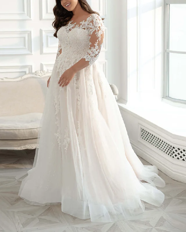 Casual Chic Women's Clothes Fashion-Forward Offers Ivory Lace 3/4 sleeves plus size custom made women wedding gown bridal dresses 2022 WD1117