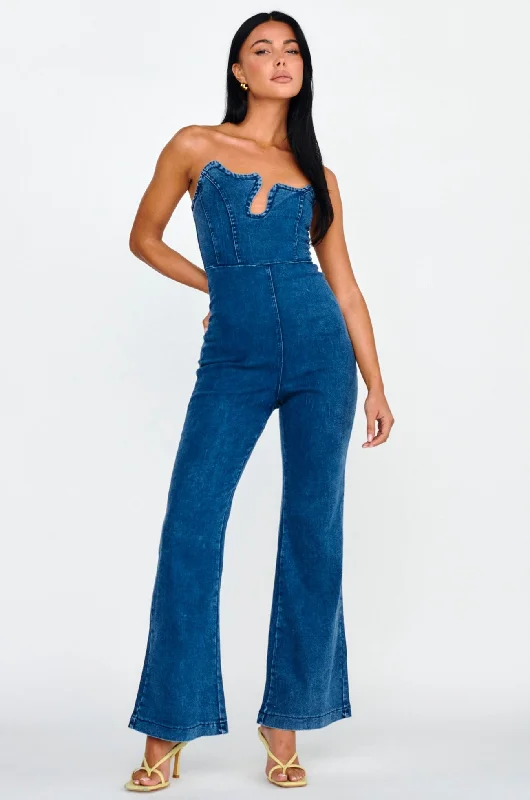 Affordable Women's Attire Best Sellers Horizon Strapless Wavy Neckline Jumpsuit Denim