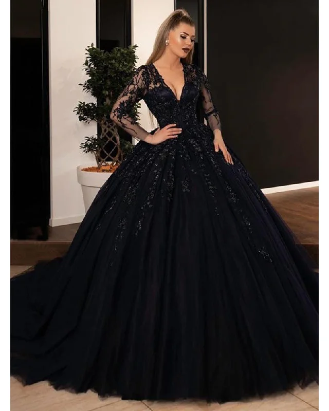 Women's High-Fashion Clothes Luxury Casual Deals Gorgeous Ball Gown Black Wedding Dresses Long Sleevesd Sequin Lace Appliques Gothic Bridal Gowns  Princess Party Dress Plus Size WD11192