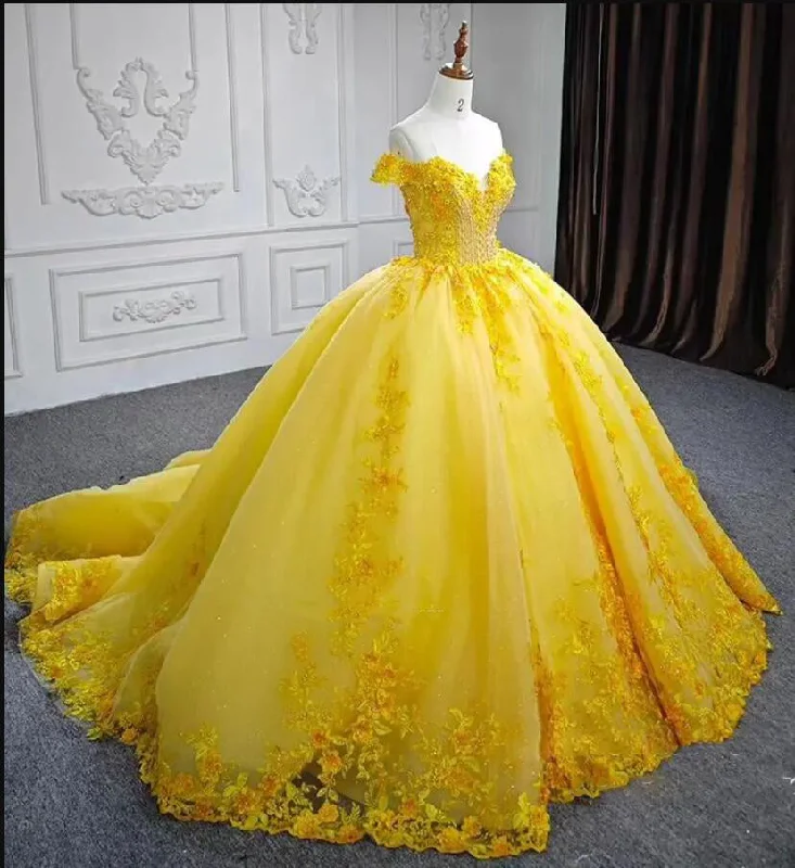 Charming Women's Garments Get The Latest Trends Beautifu Yellow Wedding Dress Lace Off the Shoulder Ball Gown Formal Dress WD2468