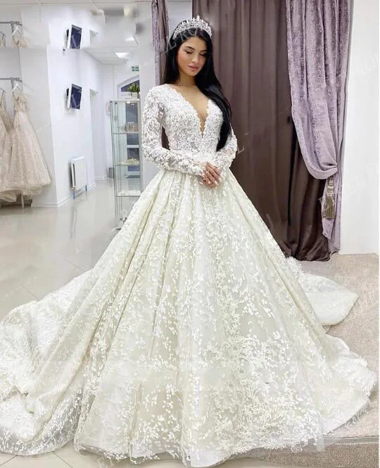 Women's Transitional Attire Fall Sale, Prices Drop Luxury Wedding Dresses For Women 2024 Romantic V-neck Long Sleeve Beading Appliques Wedding Gown Vestidos De Novia