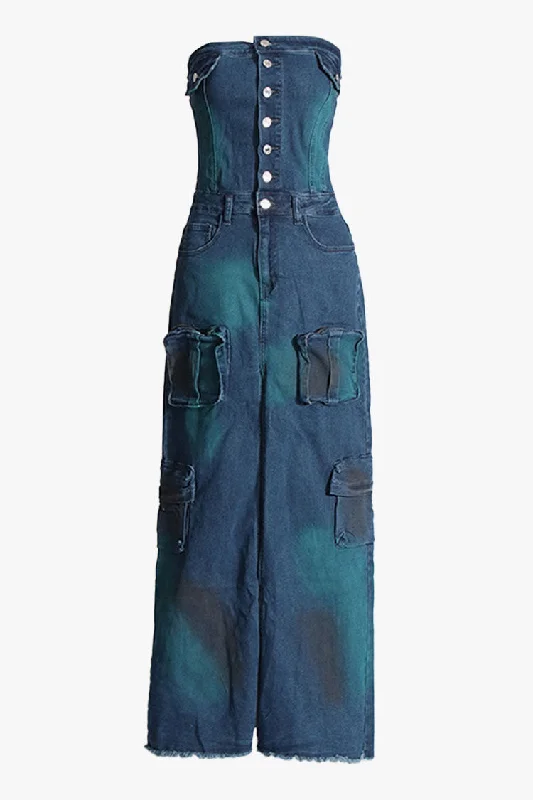 Stylish Women's Outfit End Of Season Sale Street Style Strapless Button Up Cargo Pocket Front Split Denim Maxi Dress