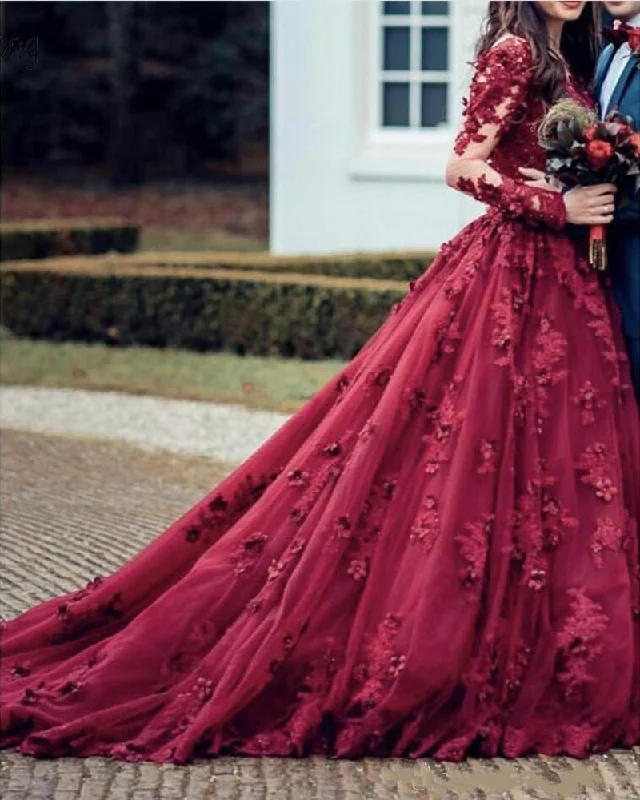 Women's Vintage-Inspired Clothing Find Your Unique Flair Burgundy Dress fro Wedding Long Sleeves Wedding Gown with Lace and Handflowers WD10808