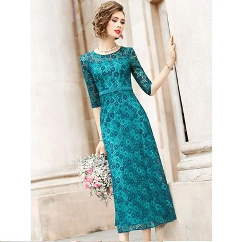 Women's Cozy Outfit For Lounging Ride The Style Wave Green Vintage Solid Lace  A Line Dress