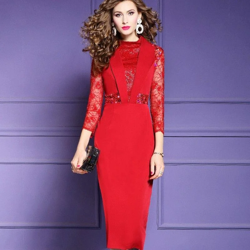 Elegant Women's Attire Durable Fashion Picks Lace Trim Vintage Summer Work Wear Midi Dress