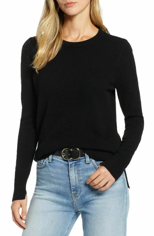 Casual Chic Women's Clothes Shop Sales Crewneck Cashmere Petite Lightweight Side Slits Sweater In Black