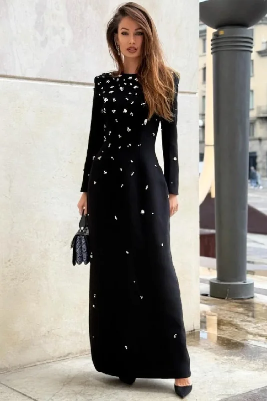 Formal Outfit For Women Fashion Frontiers Luxury Crystal Shoulder Pad Crew Neck Long Sleeve Evening Maxi Dress