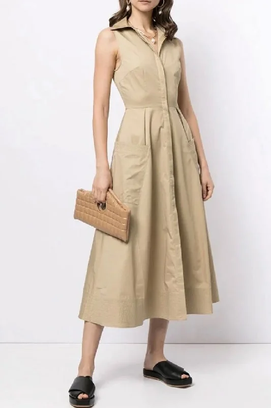 Casual Chic Women's Clothes Cozy Chic Promotions Elegant Sleeveless Cargo Pocket Button Down Skater Midi Dress - Khaki