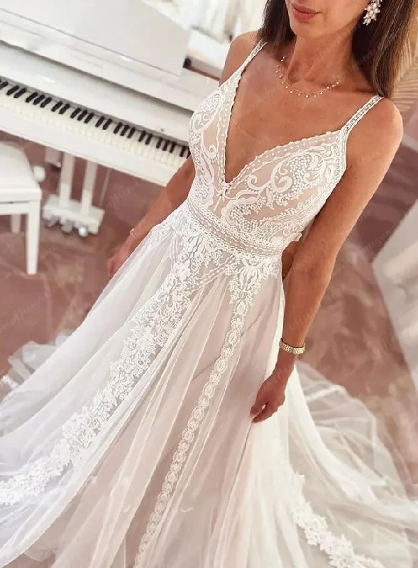 Women's Cozy Outfit For Lounging Discount Extravaganza Plunging V Bohemian Wedding Dress 2024 Vestido Noiva Summer A Line Boho Wedding Gown V Neck Lace Open Back Sleevele