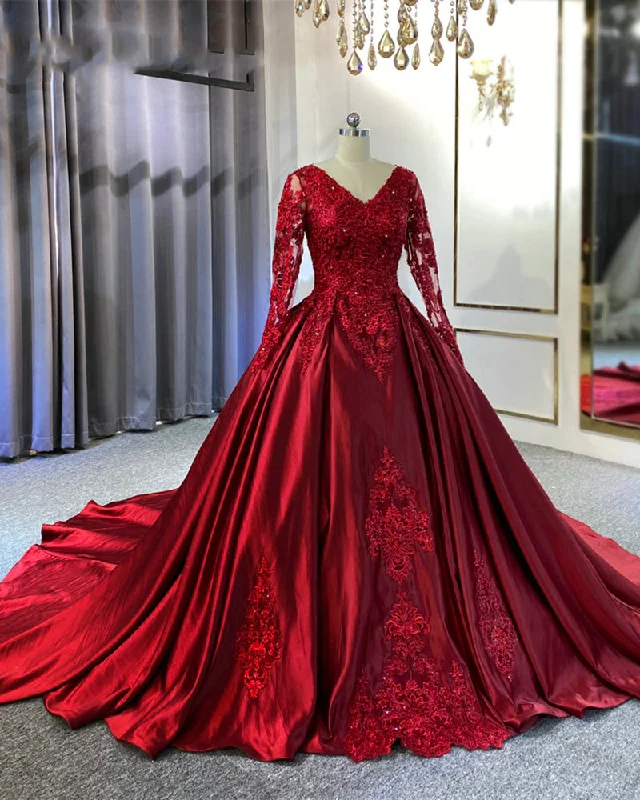 Women's Chic Outfit Limited Edition Vintage Ball Gown Long Sleeves Satin Wine Red Wedding Dress with Lace WD10609