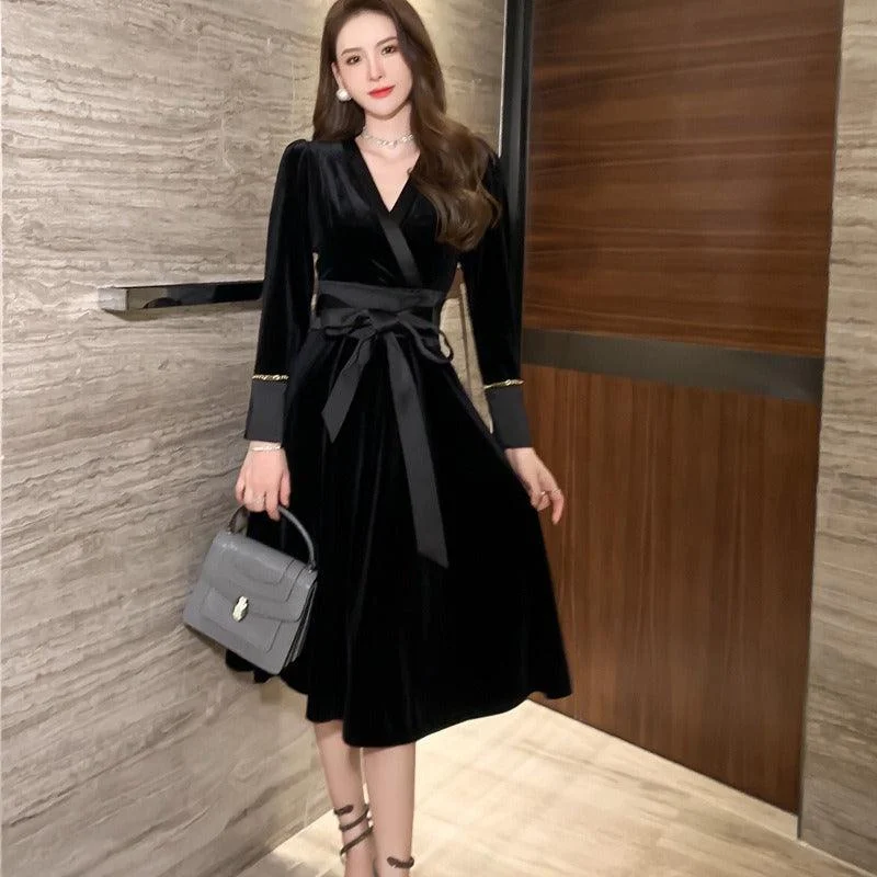 Women's Chic Outerwear Outfit Best Deals Of The Season Black Retro Velvet Elegant Black Midi Dress With Belt